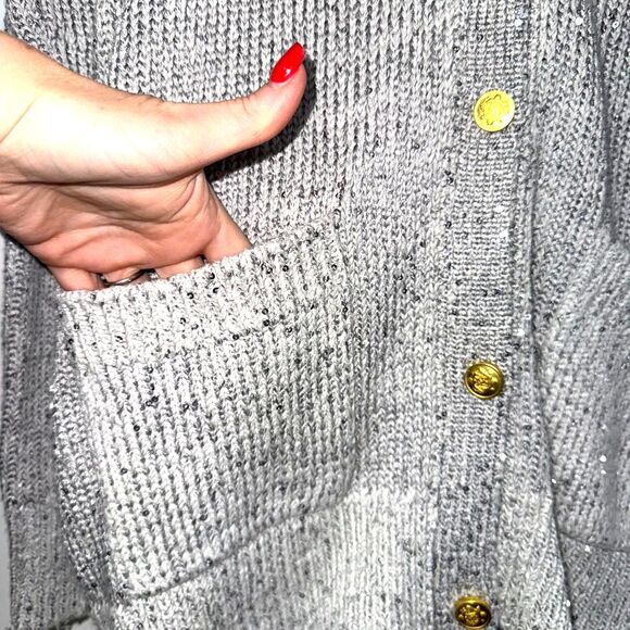 J. Crew Sequin V Neck Cardigan Sweater - Silver/Gray S - Picture 4 of 7